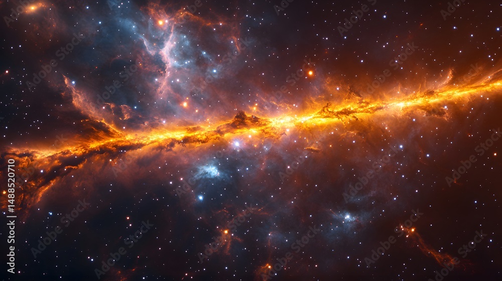 Obraz premium Vibrant cosmic nebula ablaze with fiery orange and yellow, set against a backdrop of stars and cosmic dust. A stunning display of the universe's beauty Astronomy and Galaxy backgrounds