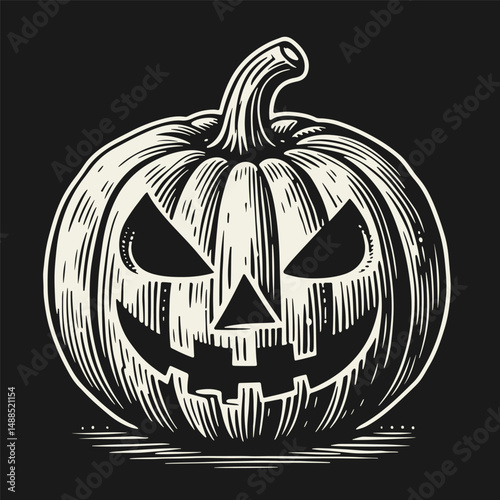 Pumpkin scary for Halloween holiday, vector illustration in black and white engraving style, isolated on dark background.