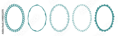 Set of hand drawn oval frames with various decorative borders. Cute and whimsical design elements. Vector illustration