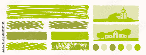 Green Brush Stroke Textures & Farm Landscape Illustrations