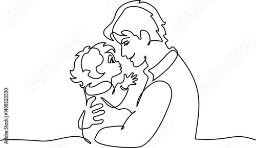 Happy Fathers Day holiday card. Dad hug cute baby.
