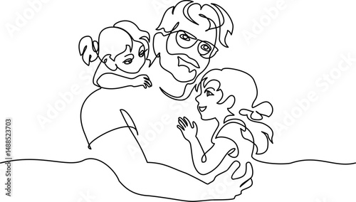 Happy Fathers Day holiday card. Dad happy with his two daughters.