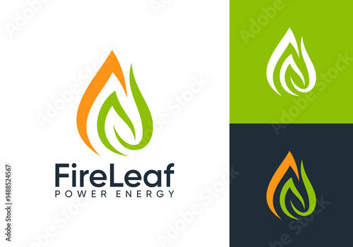 creative fire flame with leaf power energy logo vector design concept