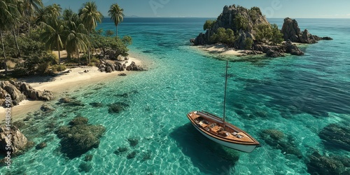 Tropical paradise features crystal clear waters, vibrant coral reefs, and a tranquil sailboat anchored near a picturesque beach photo
