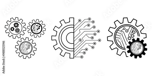  multiple gear and circuit icons representing artificial intelligence and innovation
