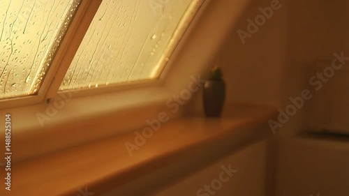 Raindrops flowing down a skylight window with golden light shining through on a gloomy day inside a cozy home