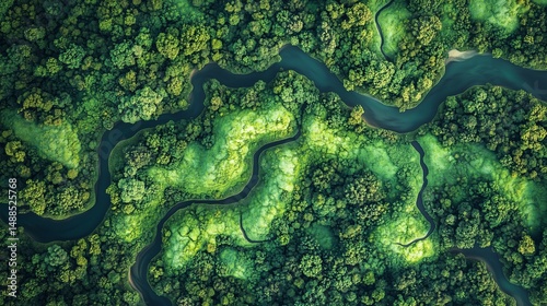 Winding River Through Lush Green Forest Canopy - Aerial View

