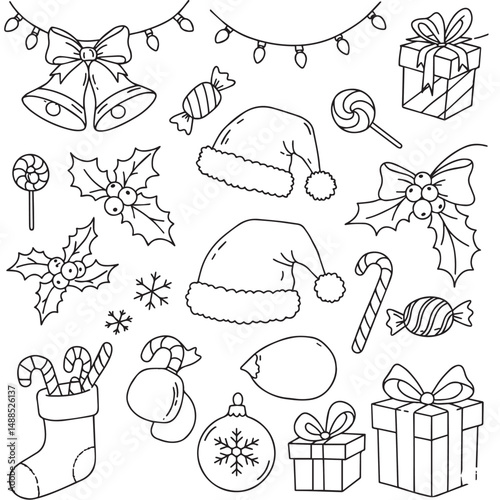 A black and white drawing of Christmas items, including bells, lights, candies, Santa hats, lollipops, holly, snowflakes, candy canes, a stocking, mittens, an ornament, and gifts.