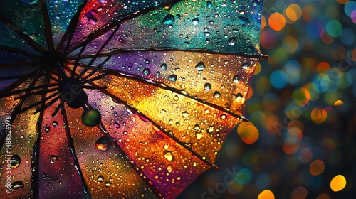 A vibrant umbrella adorned with raindrops against a backdrop of colorful bokeh lights. This image captures the essence of rainy days, combining joy and beauty in everyday moments.
