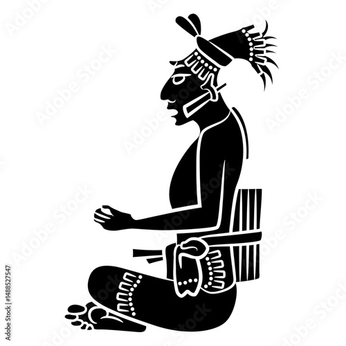 Seated Mayan man. Ethnic Native American pre Columbian design. Black and white silhouette.