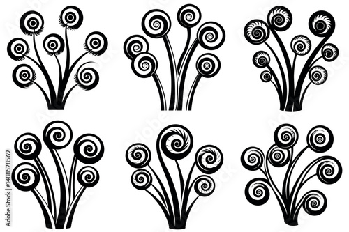 Black and white illustrations of various unfurling fern fronds and plant growth