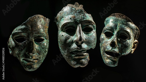 Ancient Bronze Masks - Three weathered bronze masks, possibly theatrical, showcase expressions of sorrow, contemplation, and perhaps amusement. Ancient artifacts