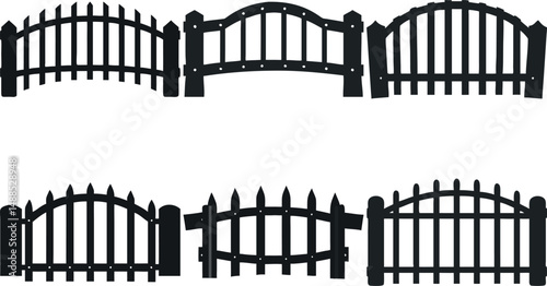 Collection of six variations of black picket fence silhouettes isolated on white
