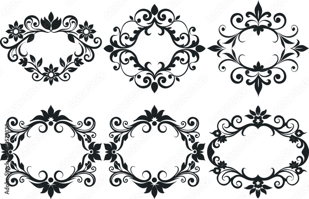 Six Beautiful Floral Decorative Frames with Intricate Swirls silhouettes Six Beautiful Floral Decorative Frames with Intricate Swirls silhouettes
