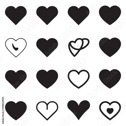 Abstract heart shapes in a pattern, black silhouettes with a hollow heart at the center, minimalistic and modern design suitable for various creative uses.