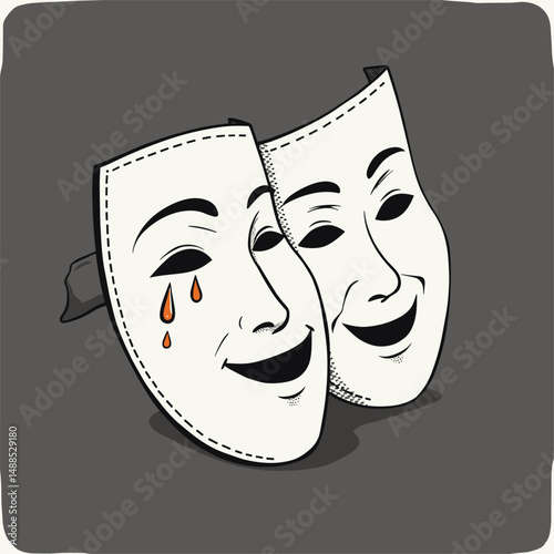 Theater Mask: Emotions in Art Vector Graphic. Simple Theater Icon with Tear and Smile. Black and White Design. Vector illustration for World Art Day April. Emotions Expressed: Sadness and Happiness.