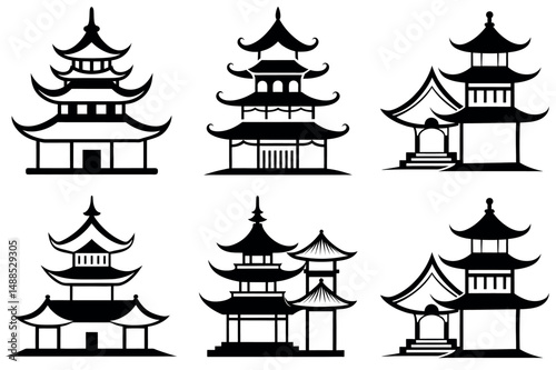 Six Black and White Pagodas with Curved Roofs and Architectural Detail