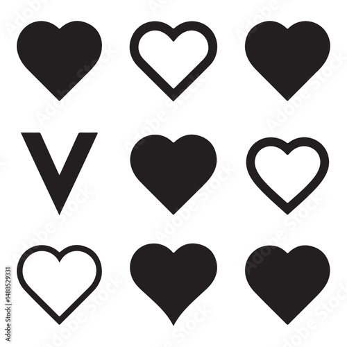 Abstract heart shapes in a pattern, black silhouettes with a hollow heart at the center, minimalistic and modern design suitable for various creative uses.