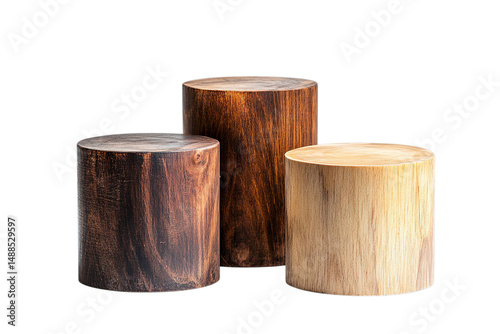 Three wooden cylinder blocks of different colors isolated on a black background