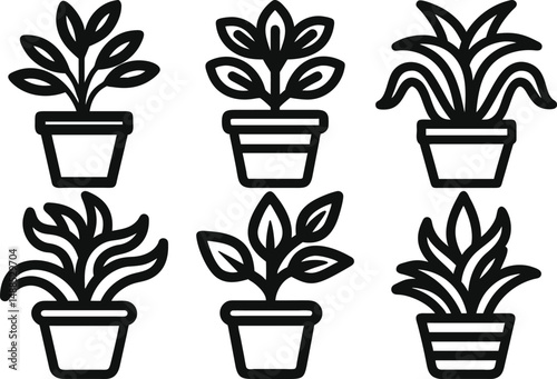 A collection of six stylized potted plants in simple black outline