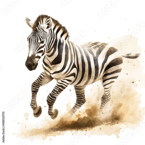Zebra Running Across Dust Clouds, watercolor drawing vector, high quality, isolated on a white background.