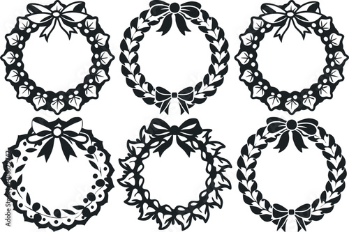 Collection of Six Black and White Decorative Holiday Celebration Wreaths