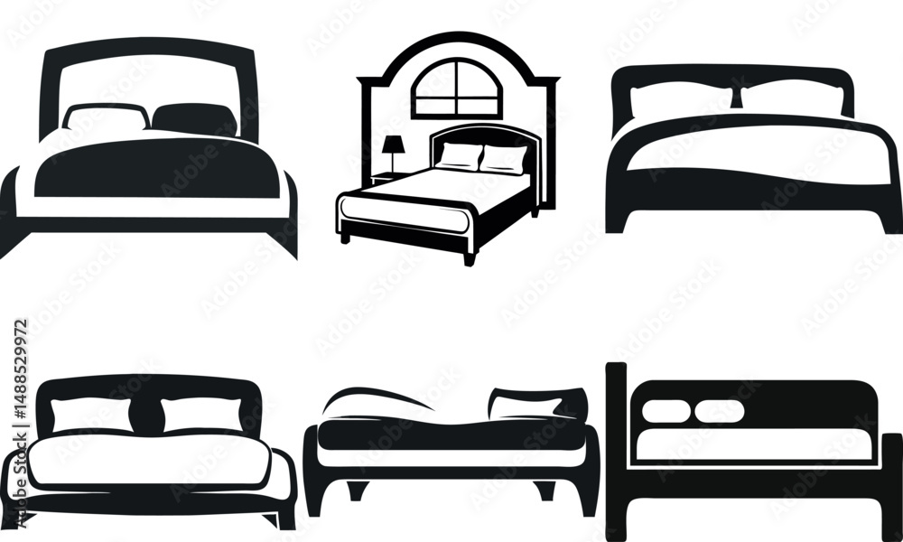 Collection of Six Bed Silhouettes in Black and White for Graphic Design Collection of Six Bed Silhouettes in Black and White for Graphic Design