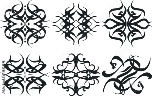 Collection of Six Abstract Black Tribal Tattoo Style Designs on White Background