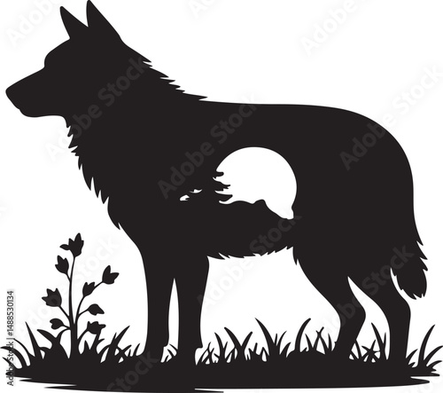 Wolf Silhouette in Grassland Negative Space Design