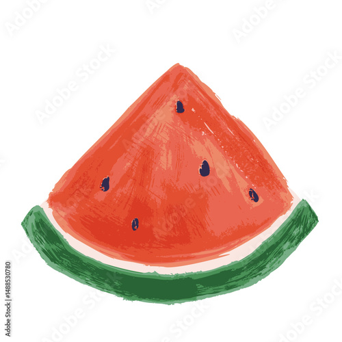 Vector watermelon icon, illustration of triangle watermelon slice isolated of white background, summer painting oil hand drawn art for kids in sketch style, traditional painting