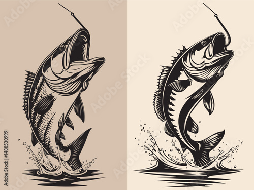 A black and white vector illustration of a large, open-mouthed fish leaping out of the water, fishing design