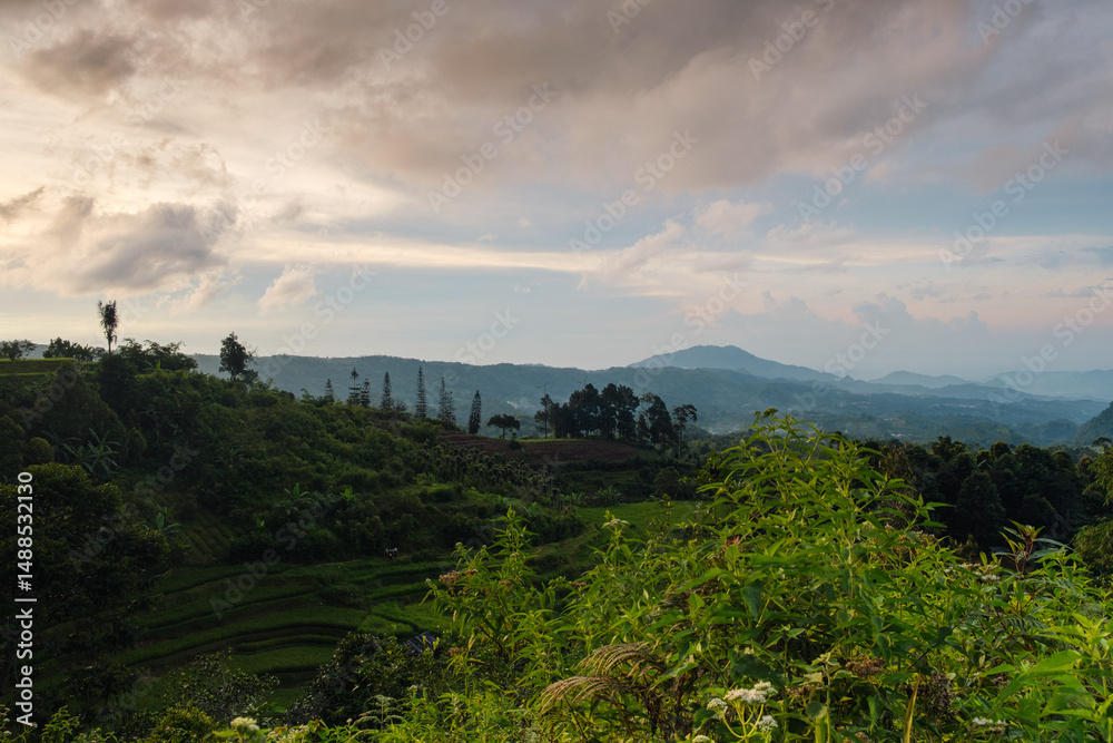 Naklejka premium Panoramic View of Lush Green Hills Under a Dramatic Afternoon Sky