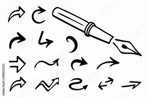 Hand-Drawn Arrows and Fountain Pen: Vector Illustration