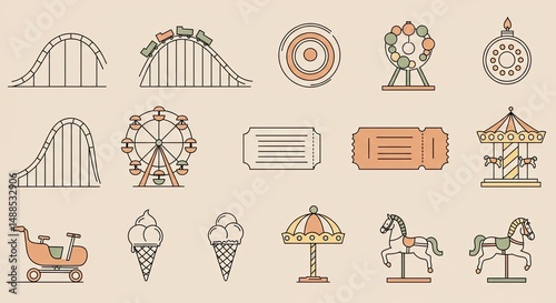 Vector illustration of amusement park icons on a light beige background