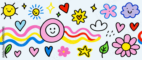 Happy Doodle Background: Colorful Hearts, Suns, and Flowers