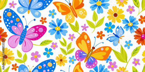Colorful Butterfly and Flower Seamless Pattern
