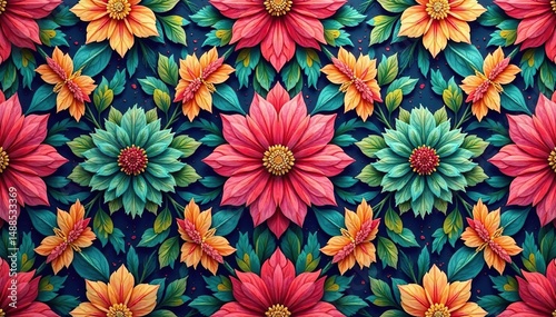 Intricate floral design, repeating seamlessly , wallpaper, digital, red
