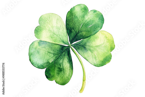 Watercolor painting of a green three leaf clover isolated on a transparent background