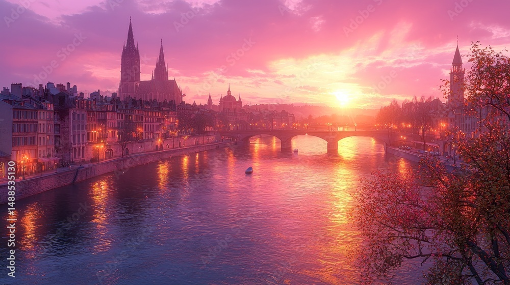 Obraz premium Sunset Over River Seine with Cathedral View and Parisian Architecture