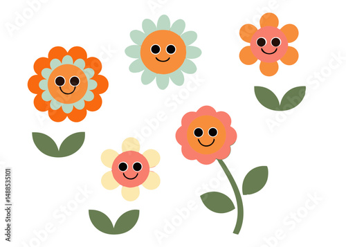 A cute cartoon set of floral flowers and butterflies in a seamless summer pattern design