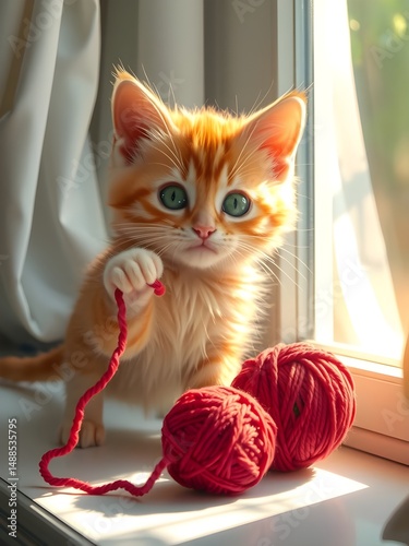 A fluffy, ginger tabby kitten, with emerald green eyes, playfully batting at a dangling, red yarn ball.  Sunlight streams through a window, illuminating dust motes dancing in the air.  Soft...