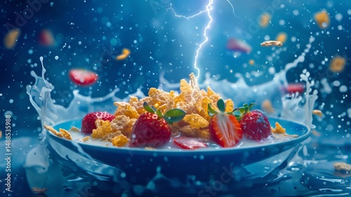 Electric Cereal Bowl Surprise - A vibrant of cereal, milk, and strawberries in a bowl, with a lightning bolt striking the scene, symbolizing energy, freshness, deliciousness, surprise, and power
