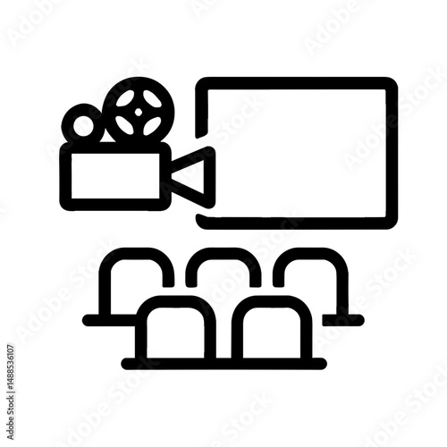 Minimal icon of film projector and theater setup with screen and audience chairs, representing cultural screening or visual storytelling event