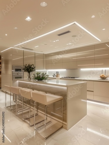Elegant Minimalist Kitchen Design - Modern kitchen showcasing clean lines, neutral tones, ample counter space, integrated appliances, and stylish bar stools. Symbolizing sophistication, functionality
