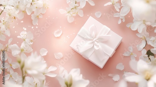 Pink gift box with white ribbon surrounded by blooming flowers on pink background.