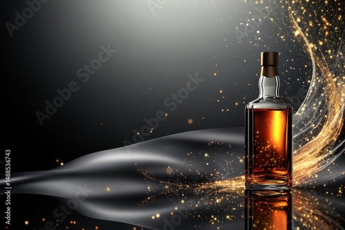 Elegant amber liquor bottle on a dark background.