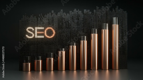 A black carbon fiber background with polished chrome â€œSEOâ€ text and ascending copper bars, ambient underlighting casting soft reflections, no text