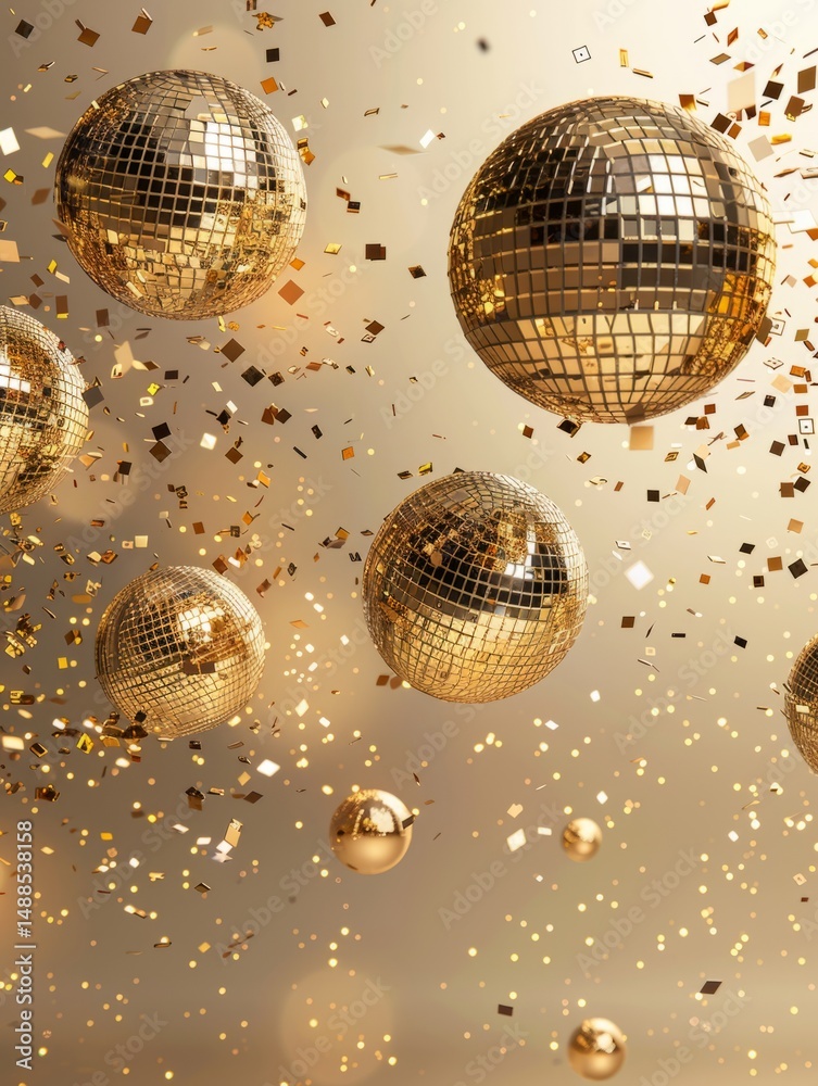Fototapeta premium Golden Disco Balls and Confetti Celebration - Sparkling golden disco balls, confetti, and a beige background symbolize celebration, joy, party, glamour, and luxury