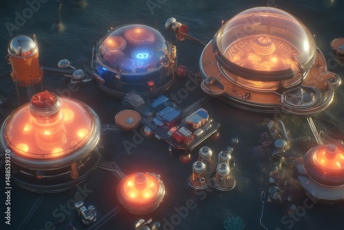 Underwater facility futuristic machinery complex