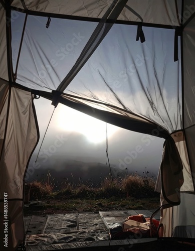 Editorial AI Generated - Scenic view from inside a collapsed tent overlooking a misty landscape with grass and hills du early morning sunrise or sunset photo